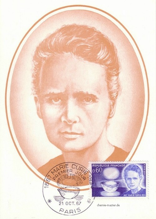 Ersttagskarte der französischen Post zum 100. Geburtstag von Marie Curie