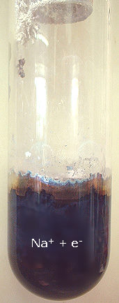 In flüssigem Ammoniak löst sich Natrium mit dunkelblauer Farbe auf.