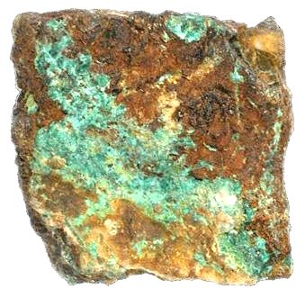 Malachit (grün) auf Chalkopyrit. Fundort: Kupfergrube bei Kölschhausen/Hess.